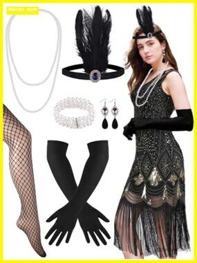 1920s Flapper Sequin Fringe Cocktail Dress with Accessories Set